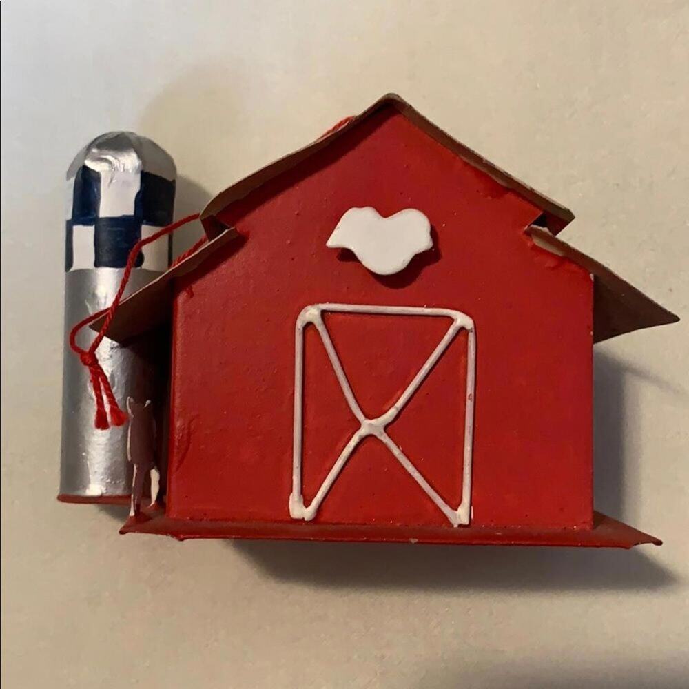 Mini Farm Barn Ornament Red Silo Cow Rustic Decor 4” EUC